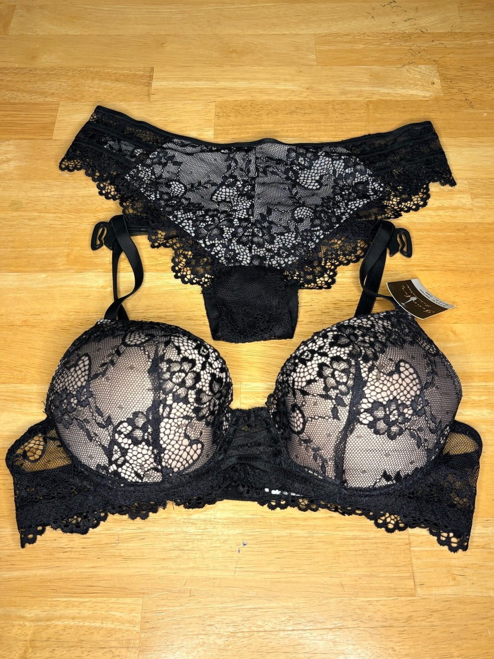 Jennifer Black Lace Push-Up Bra and Lace Bikini Set with Nude Lining